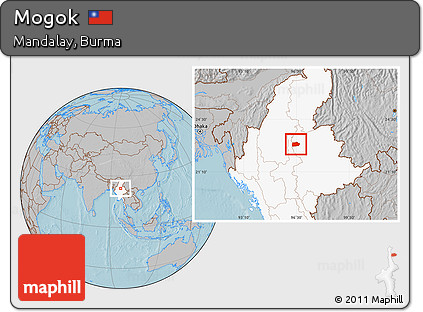 Gray Location Map of Mogok, highlighted country, hill shading