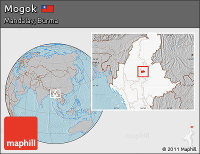 Gray Location Map of Mogok, highlighted country, hill shading