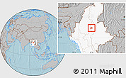 Gray Location Map of Mogok, highlighted country, hill shading