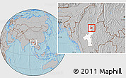 Gray Location Map of Mogok, highlighted parent region, hill shading