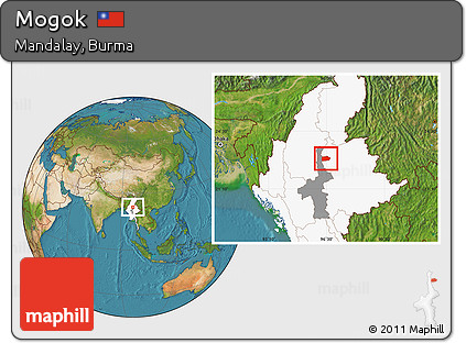 Satellite Location Map of Mogok, highlighted country, highlighted parent region