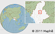 Savanna Style Location Map of Mogok, highlighted country, hill shading