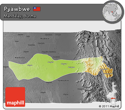 Physical 3D Map of Pyawbwe, darken, desaturated