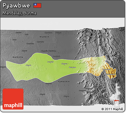 Physical 3D Map of Pyawbwe, darken, desaturated