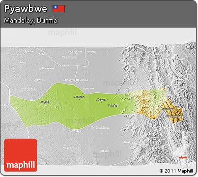 Physical 3D Map of Pyawbwe, lighten, desaturated