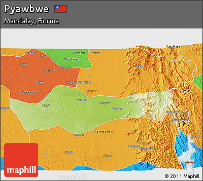 Physical 3D Map of Pyawbwe, political outside