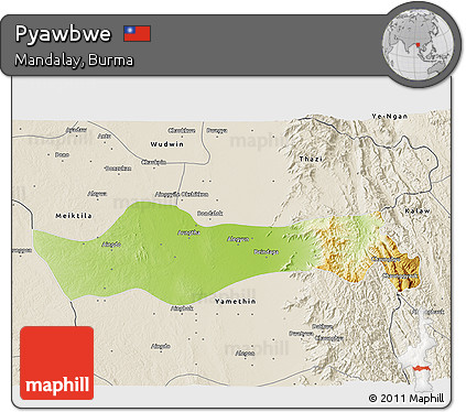 Physical 3D Map of Pyawbwe, shaded relief outside