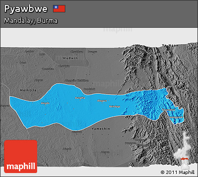 Political 3D Map of Pyawbwe, darken, desaturated
