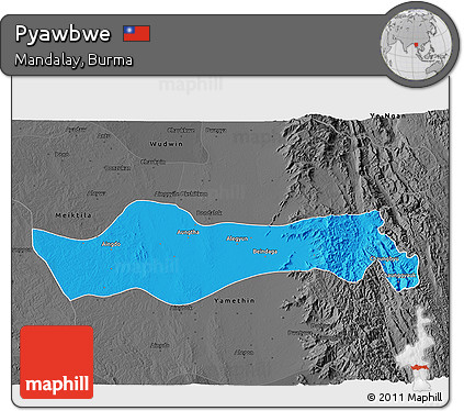 Political 3D Map of Pyawbwe, darken, desaturated