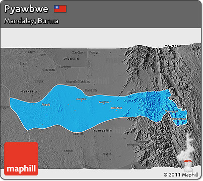 Political 3D Map of Pyawbwe, darken, desaturated