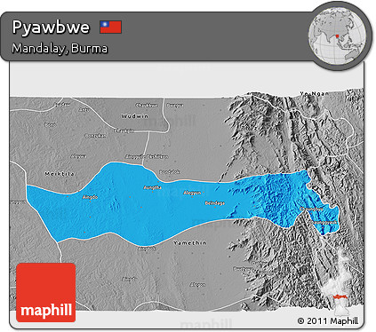 Political 3D Map of Pyawbwe, desaturated