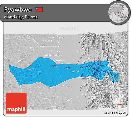 Political 3D Map of Pyawbwe, lighten, desaturated