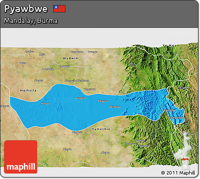 Political 3D Map of Pyawbwe, satellite outside