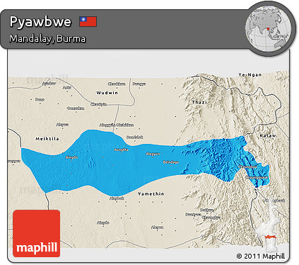 Political 3D Map of Pyawbwe, shaded relief outside