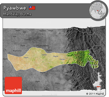 Satellite 3D Map of Pyawbwe, darken, desaturated