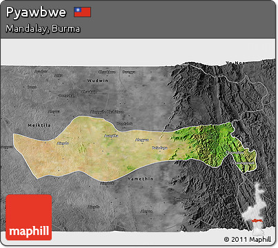 Satellite 3D Map of Pyawbwe, darken, desaturated