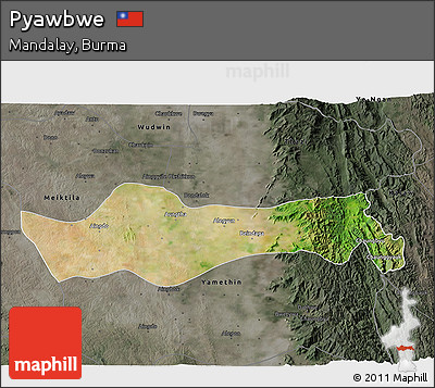Satellite 3D Map of Pyawbwe, darken, semi-desaturated