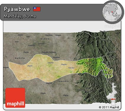Satellite 3D Map of Pyawbwe, darken, semi-desaturated