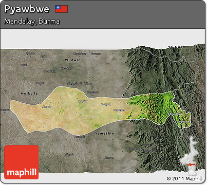 Satellite 3D Map of Pyawbwe, darken, semi-desaturated