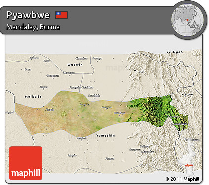 Satellite 3D Map of Pyawbwe, shaded relief outside