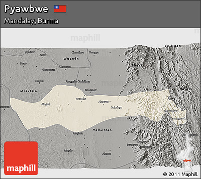 Shaded Relief 3D Map of Pyawbwe, darken, semi-desaturated