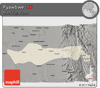 Shaded Relief 3D Map of Pyawbwe, darken, semi-desaturated