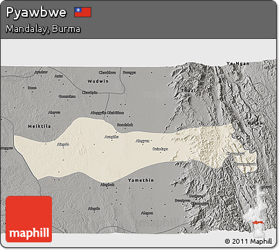 Shaded Relief 3D Map of Pyawbwe, darken, semi-desaturated
