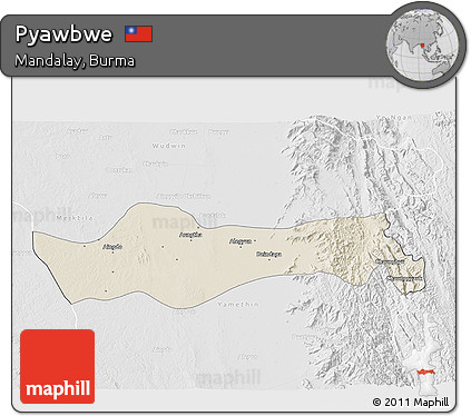 Shaded Relief 3D Map of Pyawbwe, lighten, desaturated