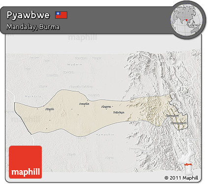 Shaded Relief 3D Map of Pyawbwe, lighten, semi-desaturated