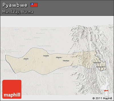 Shaded Relief 3D Map of Pyawbwe, lighten, semi-desaturated