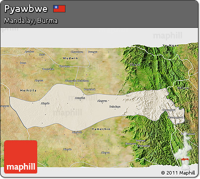 Shaded Relief 3D Map of Pyawbwe, satellite outside