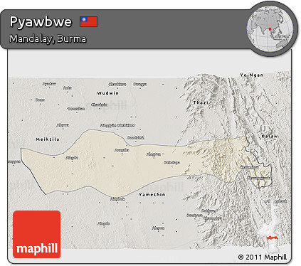 Shaded Relief 3D Map of Pyawbwe, semi-desaturated