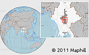 Gray Location Map of Pyawbwe, highlighted country, highlighted parent region, hill shading