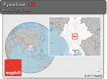 Gray Location Map of Pyawbwe, highlighted country, hill shading