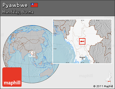 Gray Location Map of Pyawbwe, highlighted country, hill shading