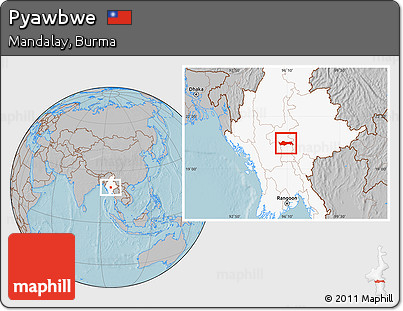 Gray Location Map of Pyawbwe, highlighted country, hill shading