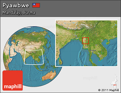 Satellite Location Map of Pyawbwe, within the entire country