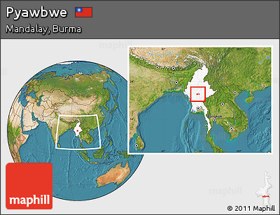 Satellite Location Map of Pyawbwe, highlighted country, within the entire country