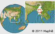 Satellite Location Map of Pyawbwe, highlighted country, within the entire country
