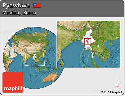 Satellite Location Map of Pyawbwe, highlighted country, highlighted parent region, within the entire country