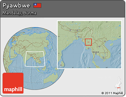 Savanna Style Location Map of Pyawbwe, within the entire country, hill shading