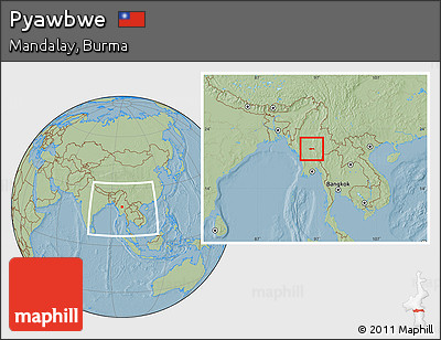 Savanna Style Location Map of Pyawbwe, within the entire country, hill shading
