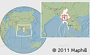 Savanna Style Location Map of Pyawbwe, highlighted country, highlighted parent region, within the entire country, hill shading