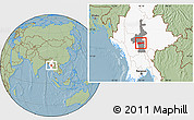 Savanna Style Location Map of Pyawbwe, highlighted country, highlighted parent region, hill shading