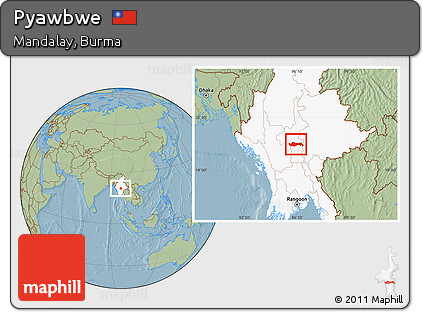 Savanna Style Location Map of Pyawbwe, highlighted country, hill shading