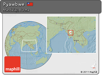 Savanna Style Location Map of Pyawbwe, highlighted parent region, within the entire country, hill shading