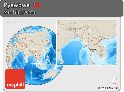 Shaded Relief Location Map of Pyawbwe, within the entire country