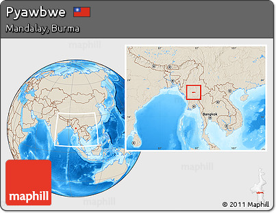 Shaded Relief Location Map of Pyawbwe, within the entire country