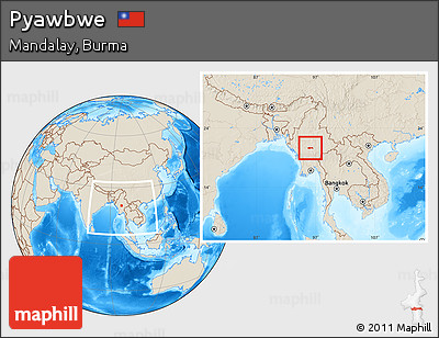 Shaded Relief Location Map of Pyawbwe, within the entire country
