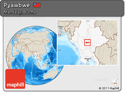 Shaded Relief Location Map of Pyawbwe, highlighted country